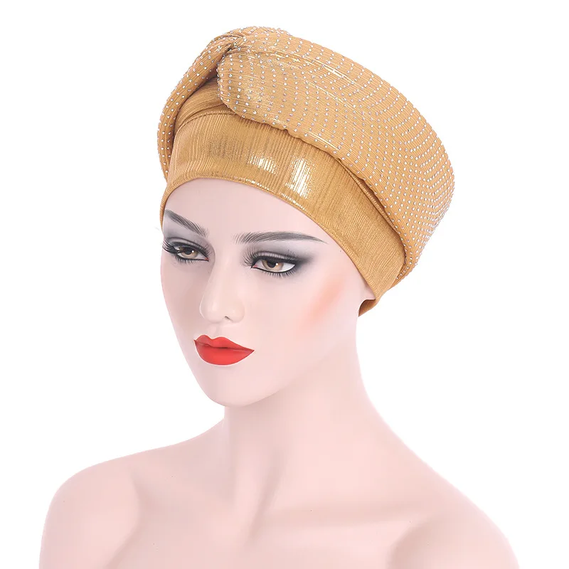 Rhinestones Turban Caps for Woman Shinning Diamonds African Headtie Auto Geles Muslim Head Wraps Female Party Headpiece