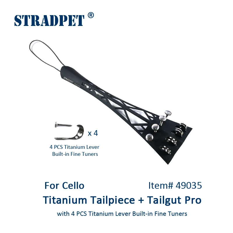 New! STRADPET Cello Titanium Tailpiece Set with Titanium tailgut Pro, 2 kinds of Fine Tuner Options