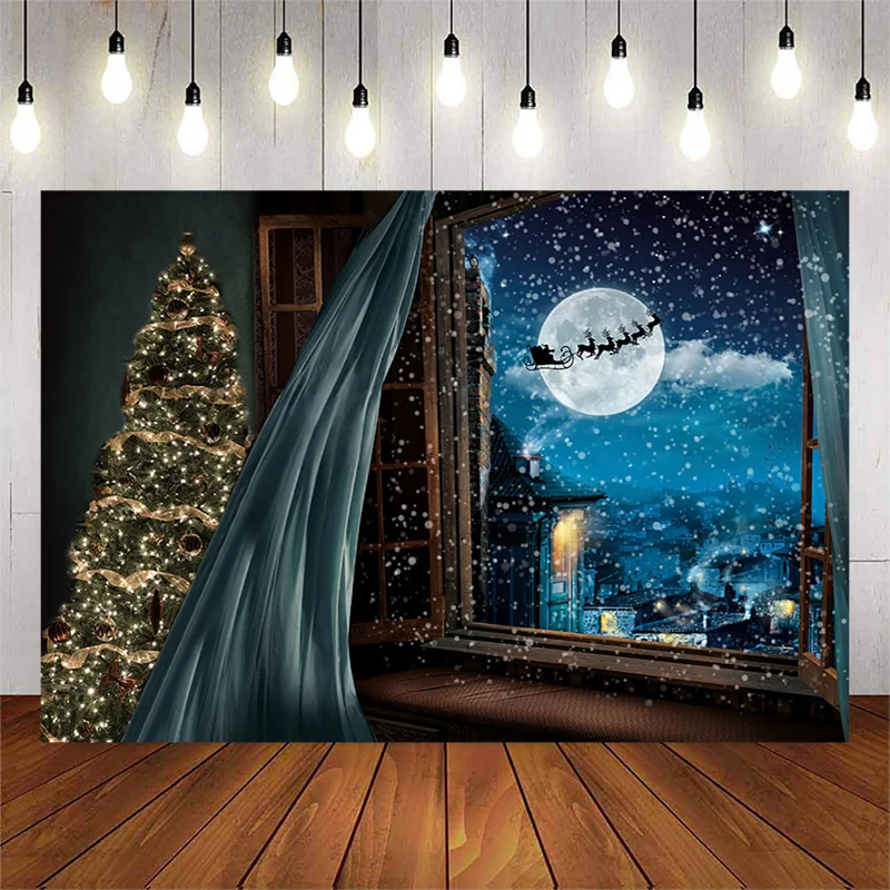 Christmas Photography Background Snowflake Night Santa Claus Sleigh Moon Photo Backdrop Winter Wonderland Decorations Studio