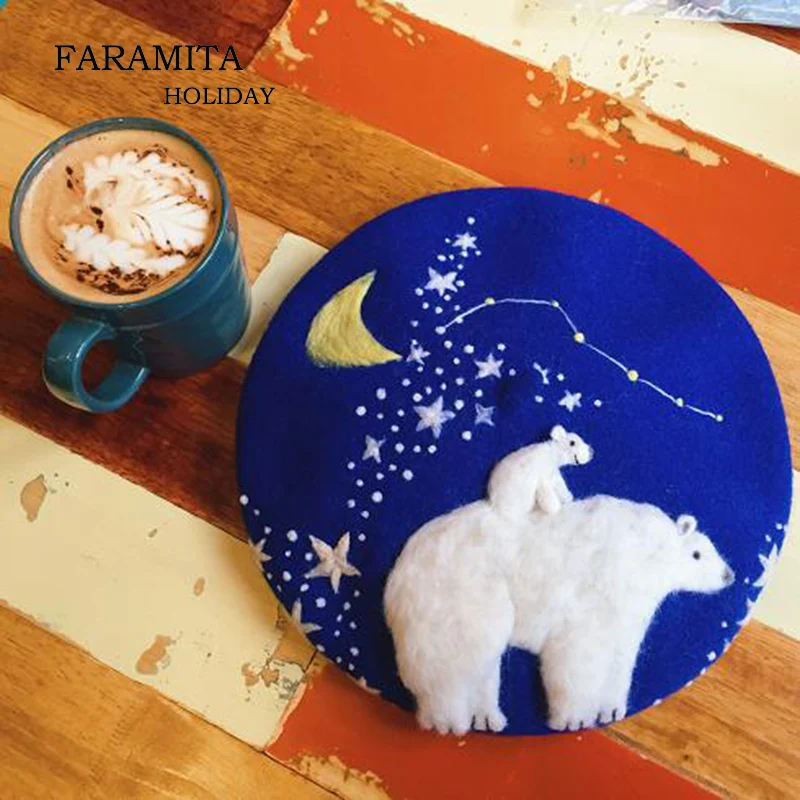 

Faramita Holiday Women Kids Handmade 100% Wool Polar Bear 3D Berets Painter High Quality Blue Customize Beret Girls Hats Caps