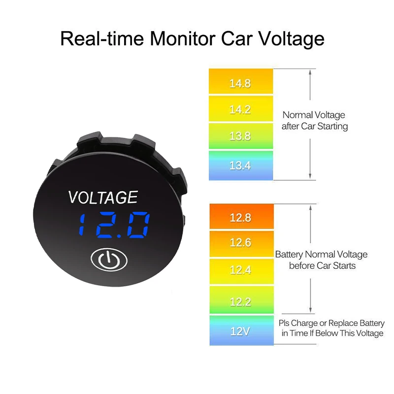 12V LED Digital Voltmeter Waterproof Voltage Gauge Meter Battery Tester with Digital Touch Display Panel for Car Boat Marine