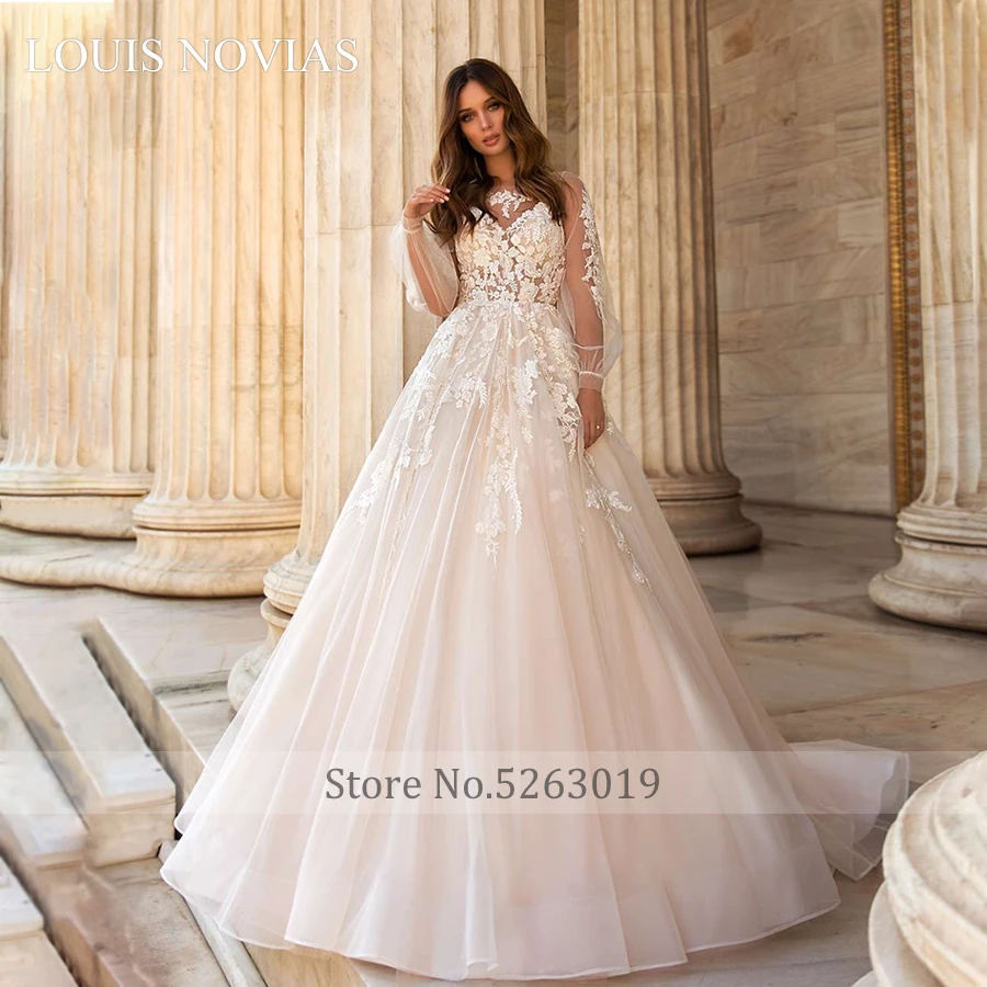 Louis Novias Abito Da Sposa Manica Lunga Ricamo Squisito Spazzata Spazzola Treno Illusion Scollo A V Abiti Da Sposa Vestido De Noiva