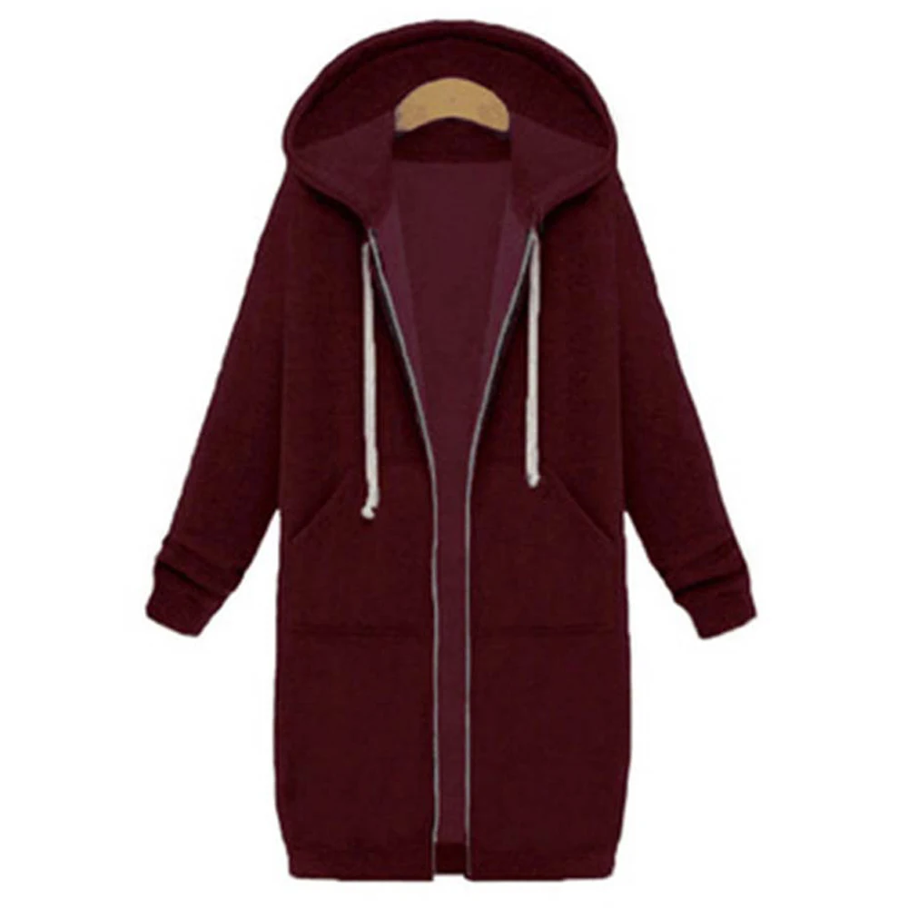 2020 Autumn Casual Women Long Hoodies Sweatshirt Coat Zip Up Outerwears Hooded Jacket Winter Pockets Plus Size Outwear Tops