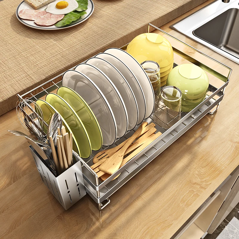 304 Stainless Steel Sink Dish Drying Rack,Sink Dryer Rack with Cutlery Storage Box,Tableware,Bowls,Plates Storage Organizer