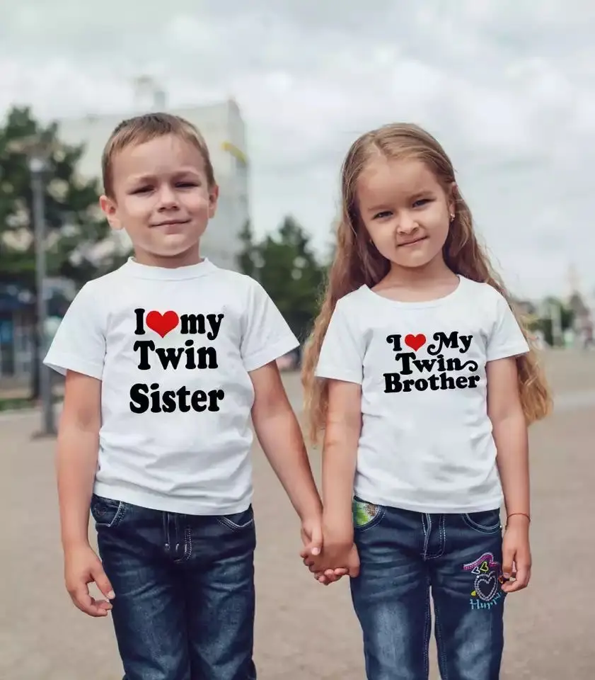 I Love My Twin Sister and Brother Kids Tshirts Fashion Baby Boys Girls T-shirts Siblings Tees Tops Casual Summer Kids Clothes