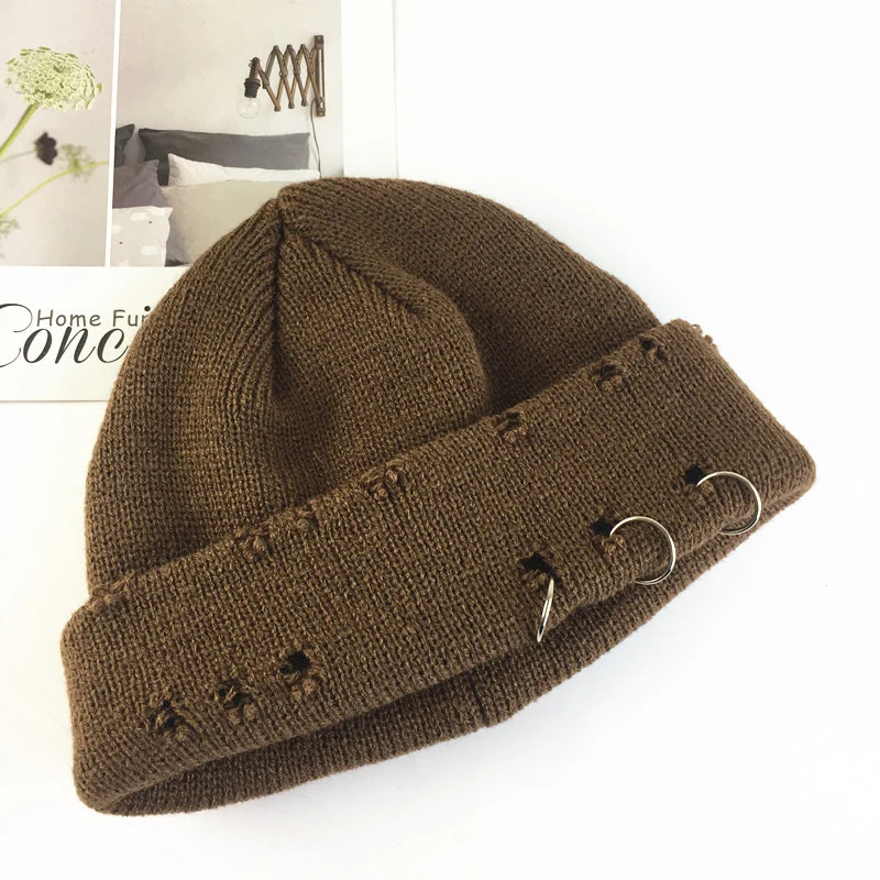 Gorro de punto grueso y cálido para mujer, gorros Harajuku con agujeros, Unisex, PJ009, moda de otoño e invierno