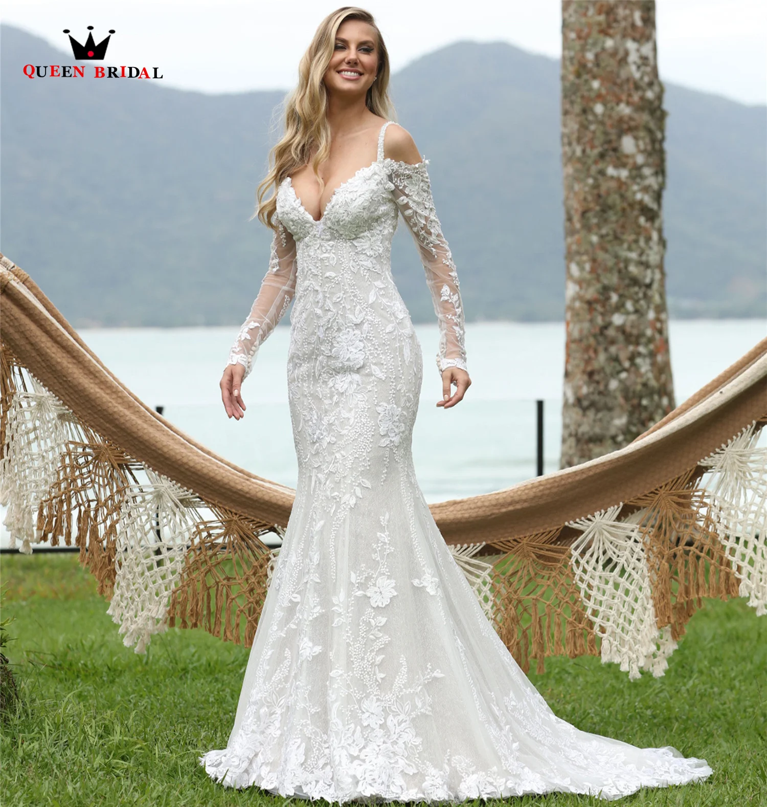 Luxo sereia manga longa vestidos de casamento renda tule beading cristal 2022 novo design formal vestidos noiva tamanho personalizado bz05