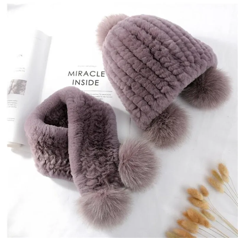 Womens Winter Real Rex Rabbit Fur Scarf & Hat for Kids Children Girls Soft Fluffy Headwear Wraps with Pompom