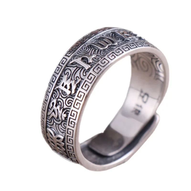 BOCAI New Fashion 100% S999 Silver Jewelry Retro Ethnic Style Lotus Six-Character Proverb Trend Men's Ring