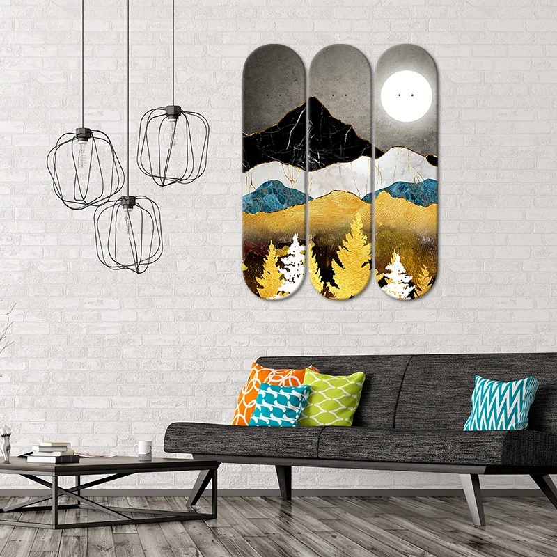 Set of 3pcs Skateboard Decor Unique Abstract Landscape Wall Art Decorative Board Wall Hanging for Living Room Home Decoration