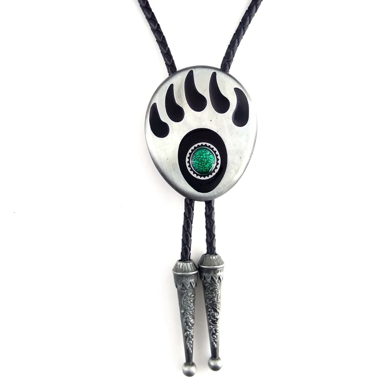 Handmade Genuine Leather Mens Bolo Tie Western Cowboy Silver Oval Buckle with Green Stone at the Center of Black Bear-Paw Design