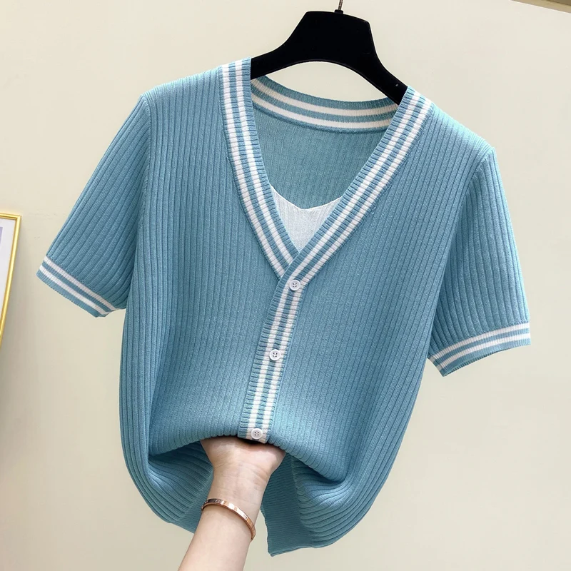 M-4XL Large Size Women Summer V neck Short Sleeve Stripe Knitted Pullover Tee Base Wool Oversized Sweater Women Jumper T-shirt