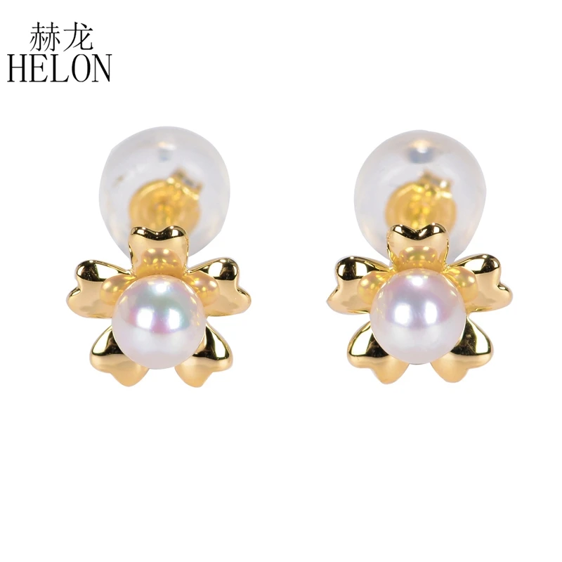 HELON Solid 18k Yellow / White /Rose Gold 100% Genuine Natural White FreshWater Pearl Women Stud Earrings Fine Jewelry Best Gift