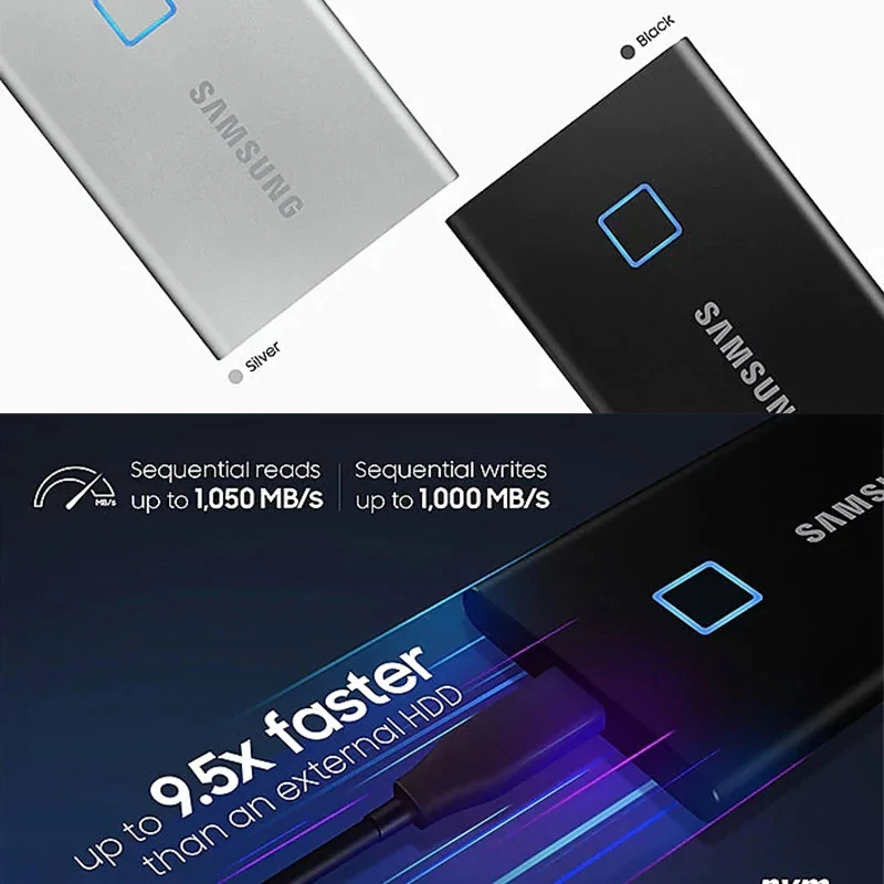 Samsung-T7 Touch SSD Portátil, 500GB, USB 3.2, 1TB, 2TB, Reconhecimento de Impressões Digitais, Desbloqueio, Interface Tipo-C, Unidade de Estado Sólido Externo