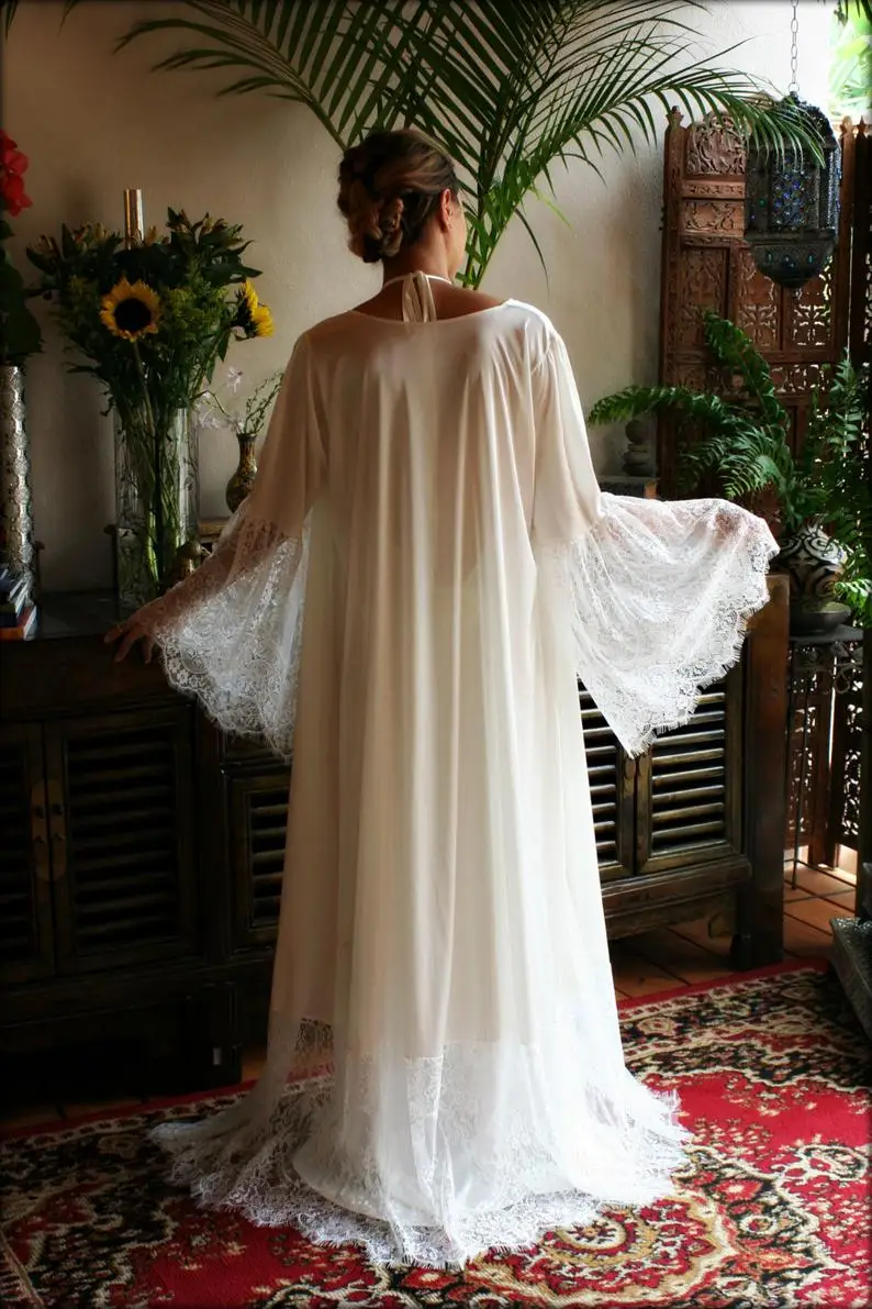 Two Pieces Bridal Robe Lace Trimmed Sleeve Wedding Sleepwear Bridal Lingerie Dressing Gown Kimono Robe Wedding Robe