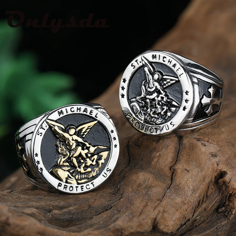 316L Stainless Steel St-Michael Men Rings Good Talisman Religious Aesthetic Biker Ring for Men Boy Fashion Jewelry Anel