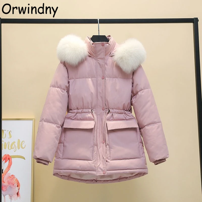 Orwindny Women\'s Winter Jacket Students Solid Hooded Large Fur Parkas Drawstring Slim Fashion Warm Coat Female Snow Wear Outwear