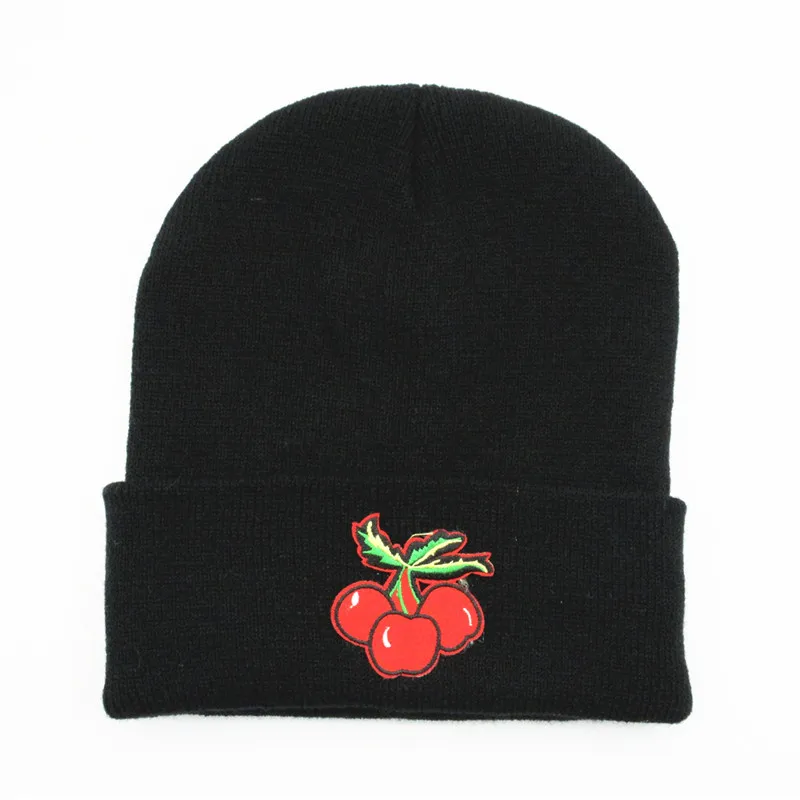 

Cotton Cherry Fruit Embroidery Thicken Knitted Hat Winter Warm Hat Skullies Cap Beanie Hat for Men and Women 307