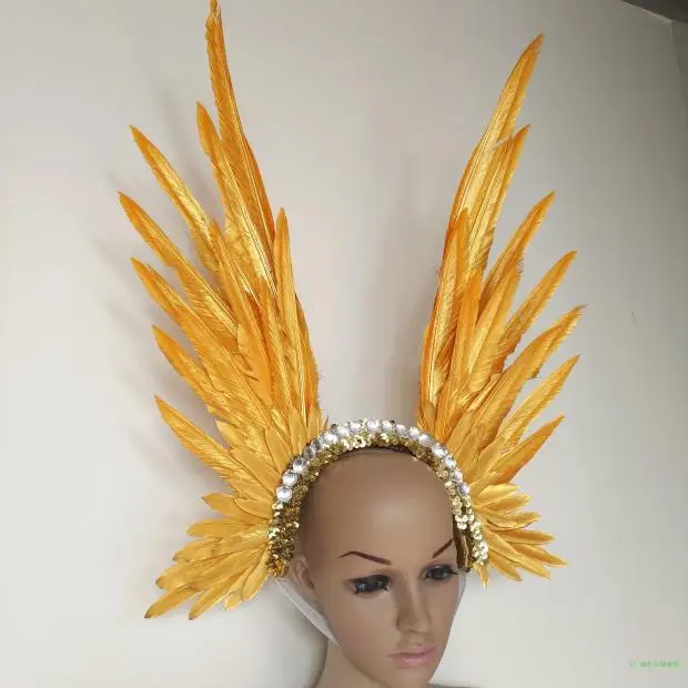 Bright diamond Gold feather model catwalk headwear dance stage performance feather headdress