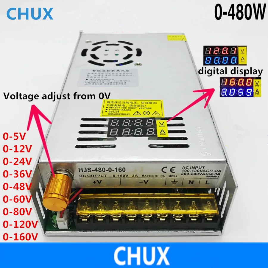 

CHUX 480W Switching Power Supply Voltag Adjust 0-12V 5V 24V 36V 48V 60V 80V 120V 160V LED Double Digital Display Power Supply