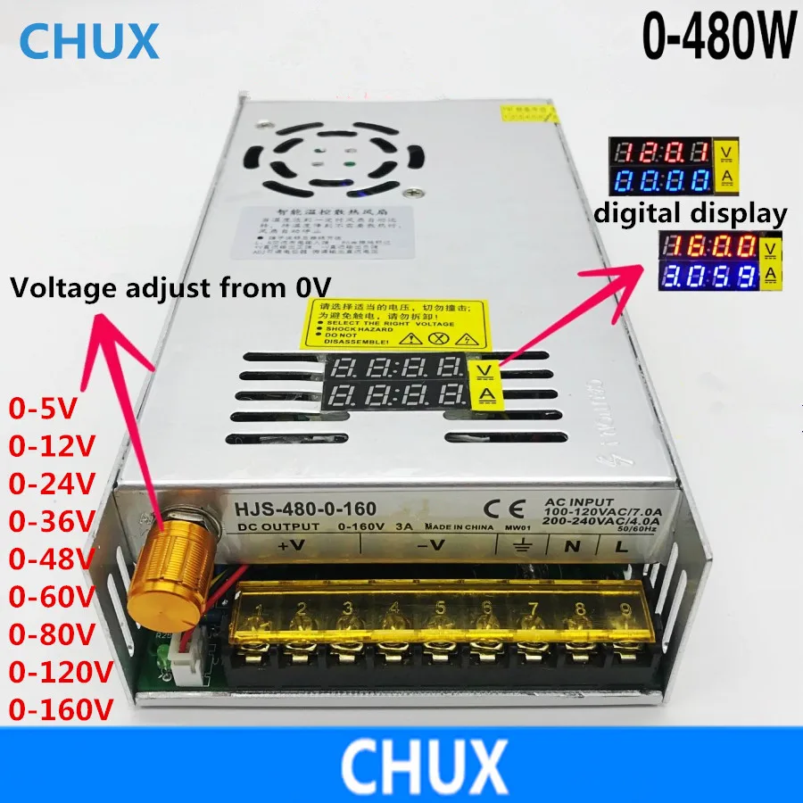 CHUX 480W Switching Power Supply Voltag Adjust 0-12V 5V 24V 36V 48V 60V 80V 120V 160V LED Double Digital Display Power Supply