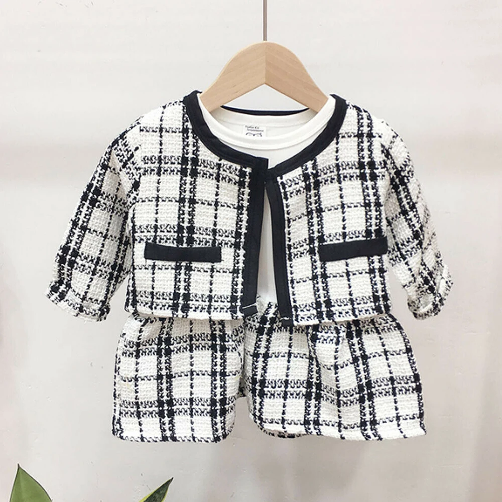 2PCS Autumn Winter Spring Party Baby Girls Clothes Plaid Coat Tops+Tutu Dress Formal Outfits Fit For 0-6 Years