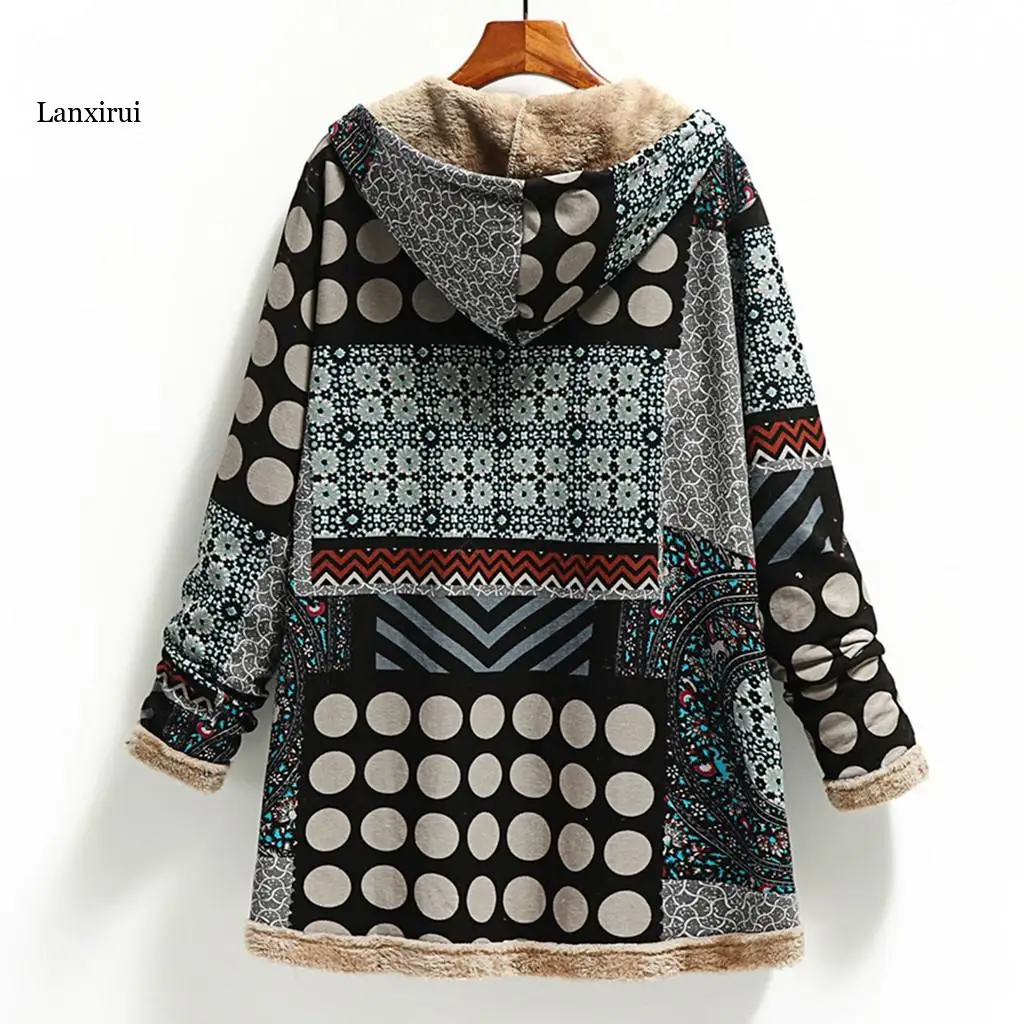 Vintage Outwear For Women Mom Winter Warm Coats Single Breasted Hooded With Pocket Print Parkas  Femme Coat