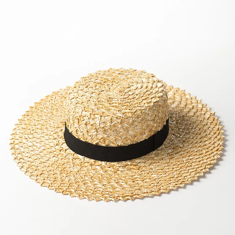 New Trend Summer Handmade Sun Hat for Women Bucket Straw Hat Flat Top Straw Hat Beach Caps Panama Fedora Black Ribbon Girls Hat