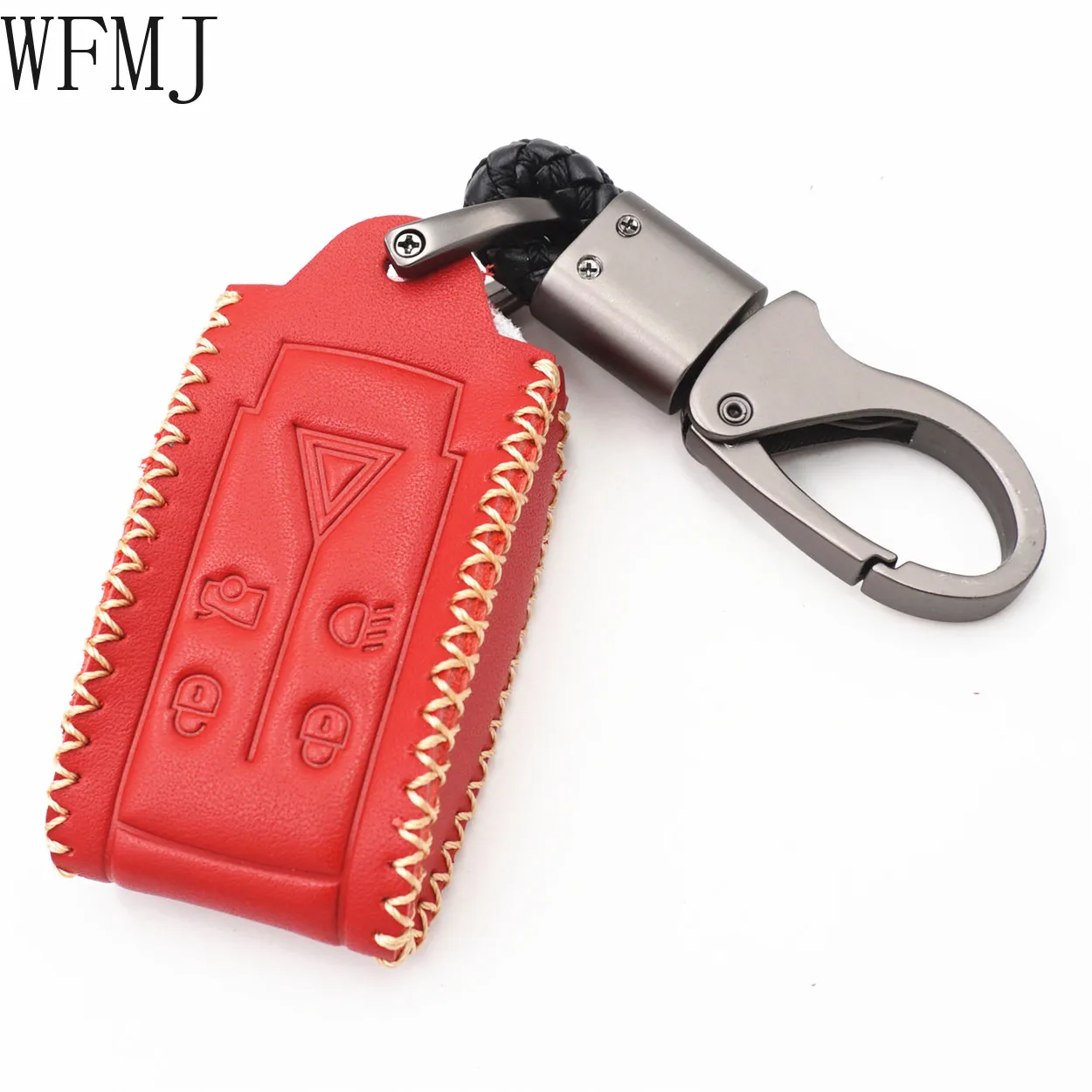 WFMJ Red Leather for Jaguar XK8 S-Type Super V8 X-Type XF XFR XJ XJ8 XJR XK XKR 5 Buttons Smart Key Fob Case Cover Chain