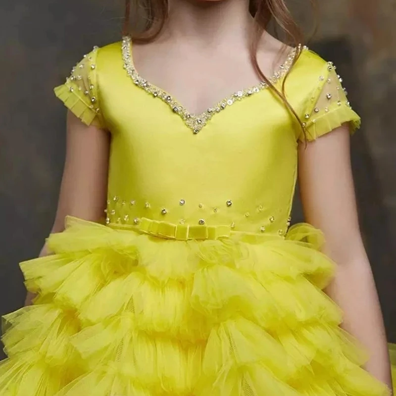 Luxe Kristal Kralen Bloem Meisje Jurken Voor Bruiloft Tiered Tulle V-hals Eerste Communie Jurk Kinderen Pageant Gown Custom Made