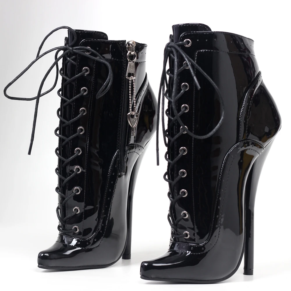 JIALUOWEI 18cm high heel Ballet Fetish Spike Heel Patent Leather Ankle Boots lock zip