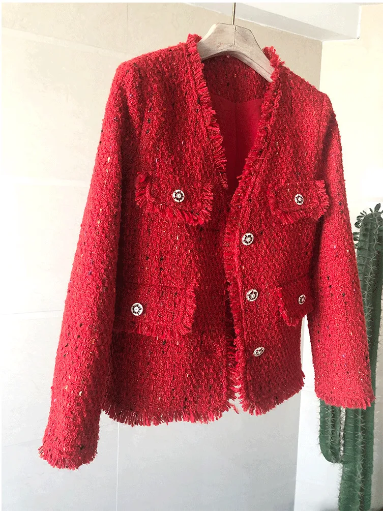 2021 autunno inverno nuove donne rosso nappa giacca di Tweed cappotto femminile di lusso Casual capispalla per le signore