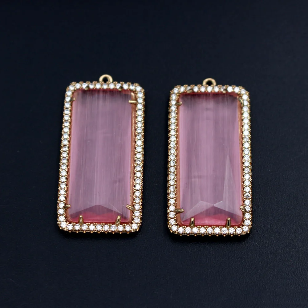 6pcs Gold Plated Rectangle Stone Pendants Color Cats Eye Stone CZ Paved Charms For DIY Women Dangle Earrings Necklace Supplies