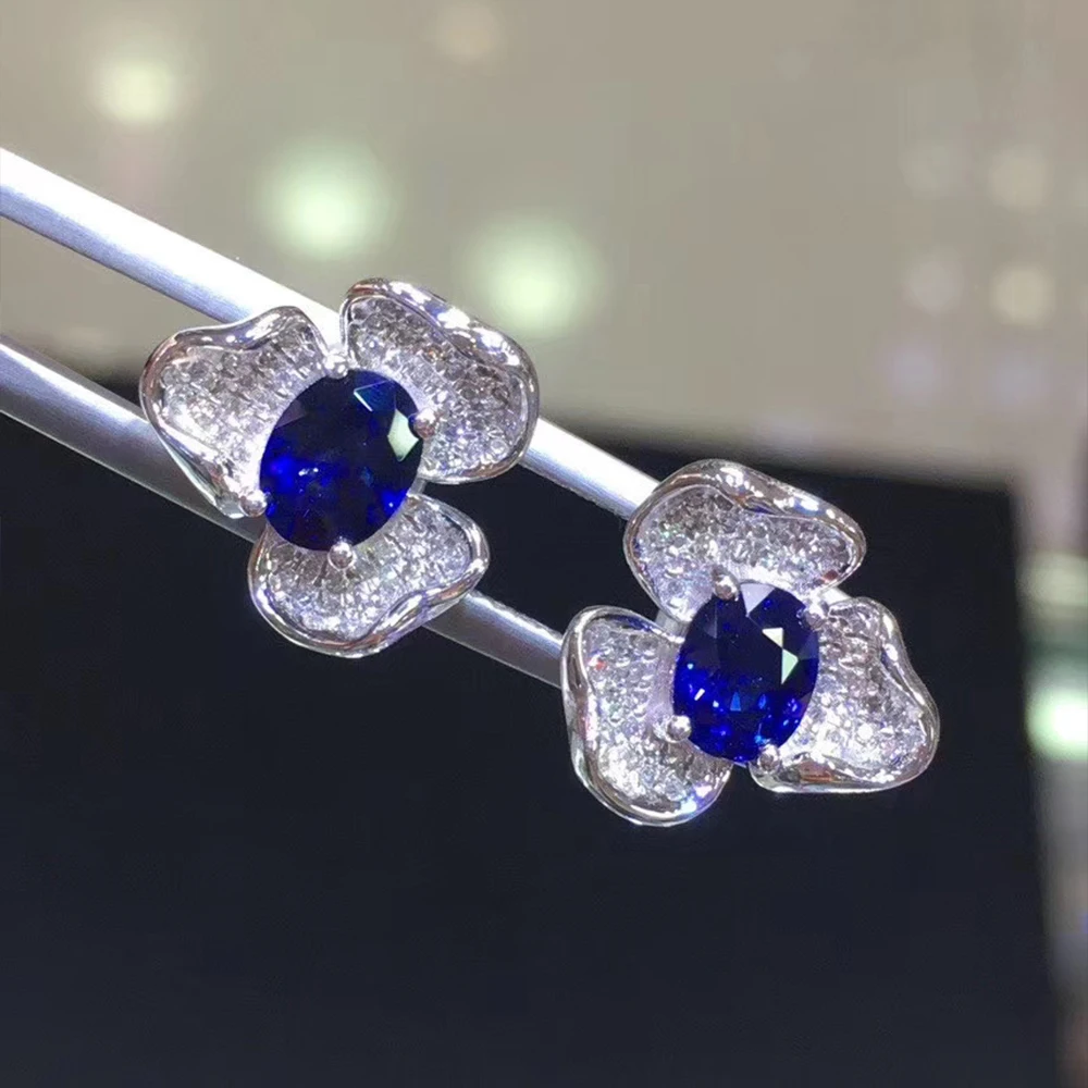 

Natural Royal Sapphire Flower Earrings 18k Golden matching natural South Africa Diamonds Bare stone 1.5ct