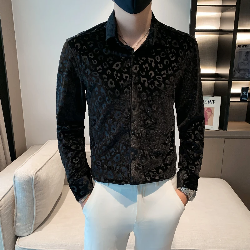 Leopard Print Velvet Men\'s Shirt 2021 Autumn Winter Keep Warm Long Sleeve Slim Fit Casual Shirt Social Business Men Clothing