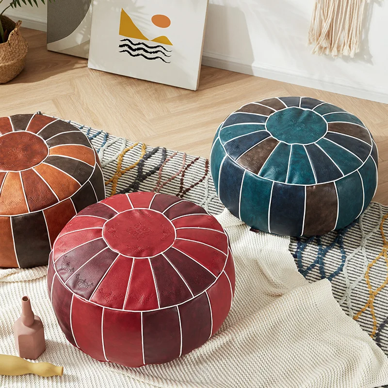 Moroccan PU Leather Pouf Embroider Craft Hassock Ottoman Footstool Round Large 50*50*30cm Artificial Leather Unstuffed Cushion