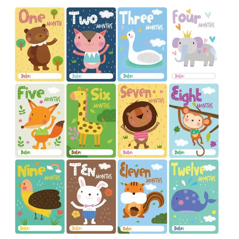 12 Sheet Cute Cartoon Animal Stickers Milestone Photo Sharing Cards Gift Set Baby Age Cards Newborn Photography Props