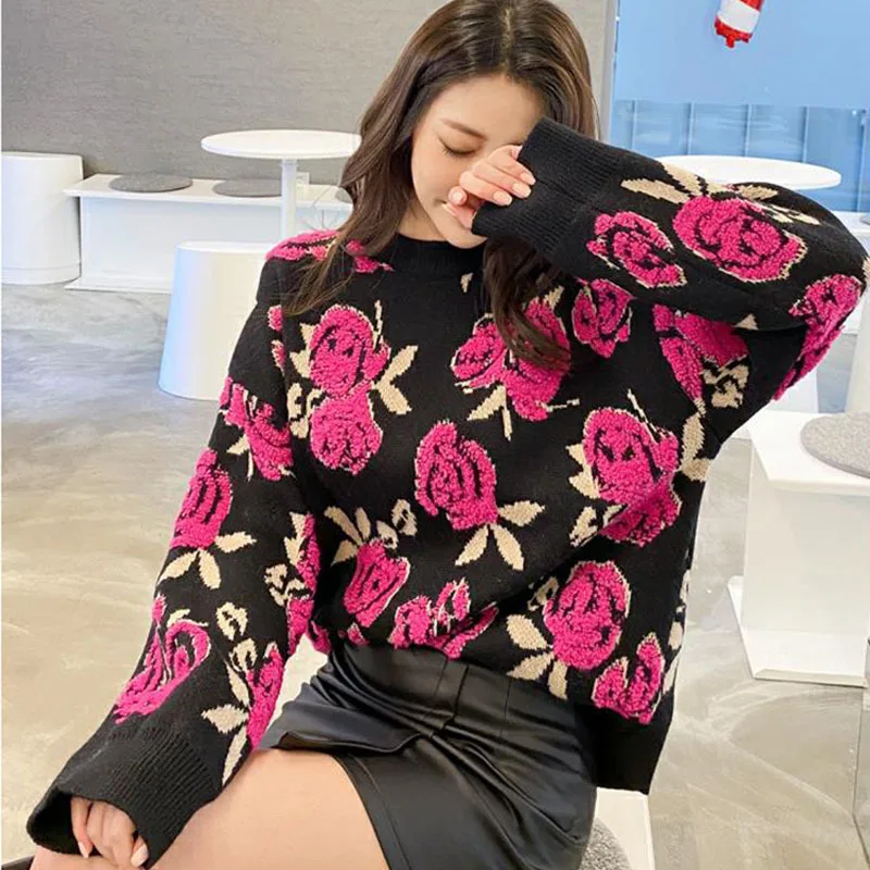 2022 Korean Vintage Flower Sweater Women Autumn New Knitted Tops O Neck Long Sleeve Retro Loose Pullover Jumpers Sueter Mujer