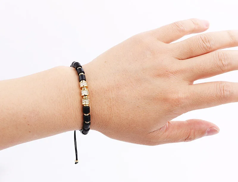 Men Women Jewelry Brass CZ Charms Natural Stone Onyx Beads Bracelet