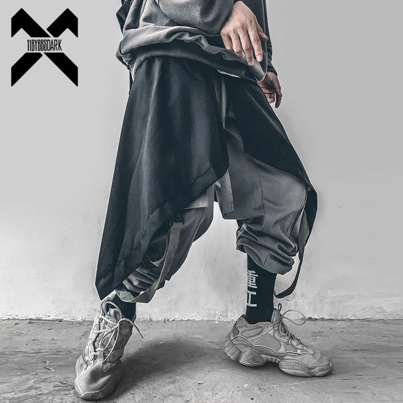 

11 BYBB'S DARK Irregular Hip Hop Men Harem Skirt Pants Harajuku Adjustable Streetwear Black Pleated Apron Gothic Jogger Trouser