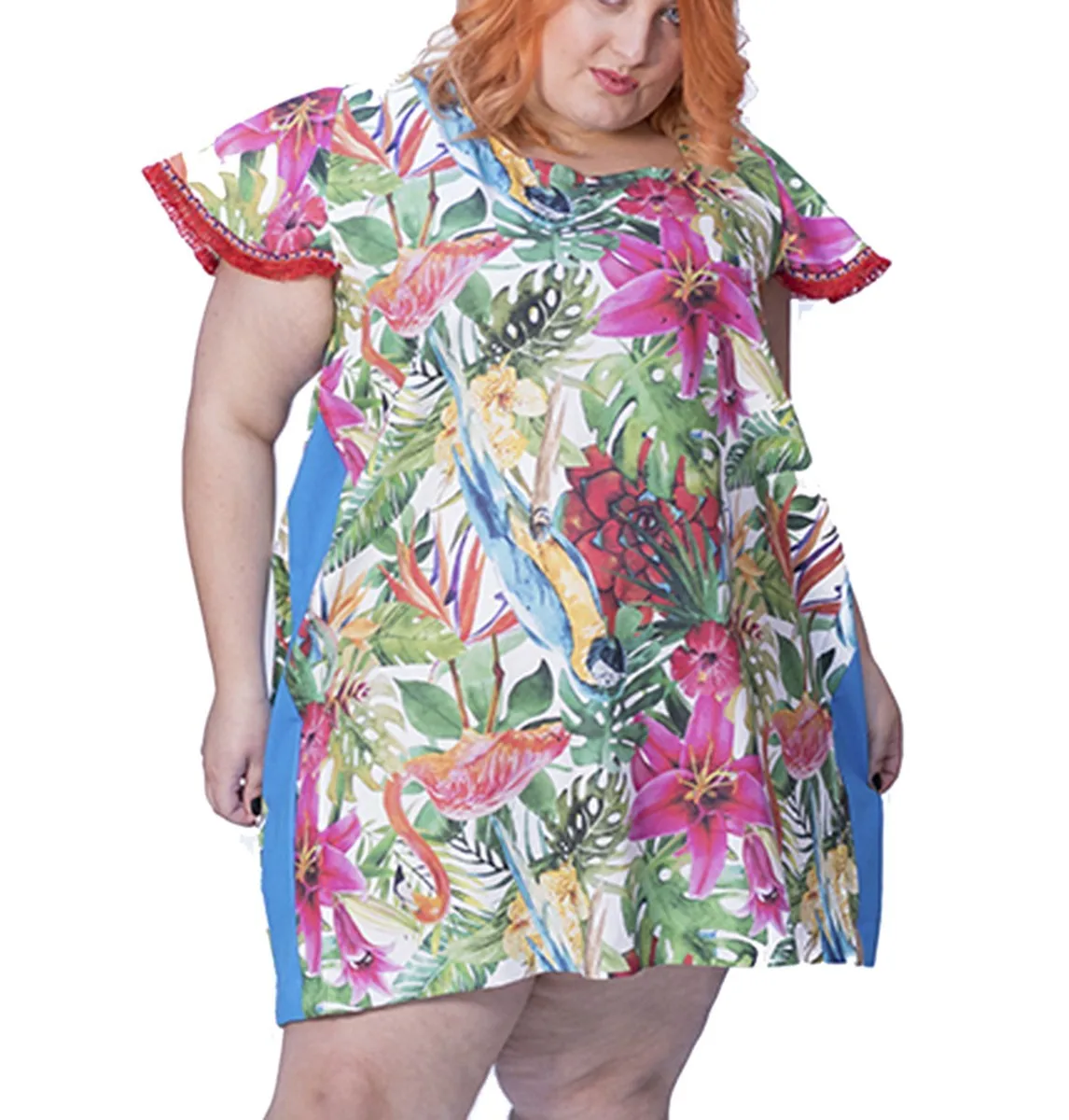 Women's dress with floral and parrots print in cotton and mix fabric, short-sleeved frill, from line to very comfortable