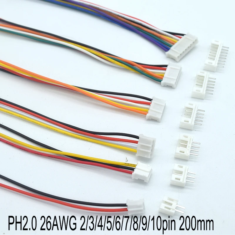 10Sets Micro Mini JST 2.0 PH Connector Male Female Plug Wires Cables Socket 200MM 26AWG 2/3/4/5/6/7/8/9/10 Pin