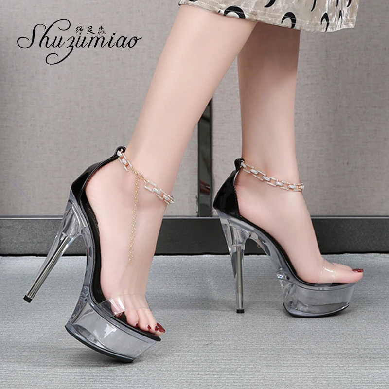 Shuzumiao Transparent Sandals Women Shoes 2021 Summer New Clear High Heels Sexy Stiletto Pole Dance Shoes Pearl Metal Chain