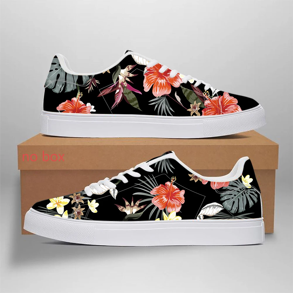 Noisydesigns Winter Spring Men New Leather Sneakers Polynesian Pohnpei  Hibiscus Flowers Pattern Breathable Women Lace-up Shoes