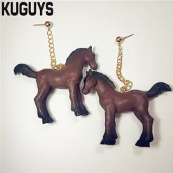 KUGUYS Brown Horse Tassel Drop Dangle Earring for Womens Resin Animal Fashion Girl's Accessories Trendy Jewelry
