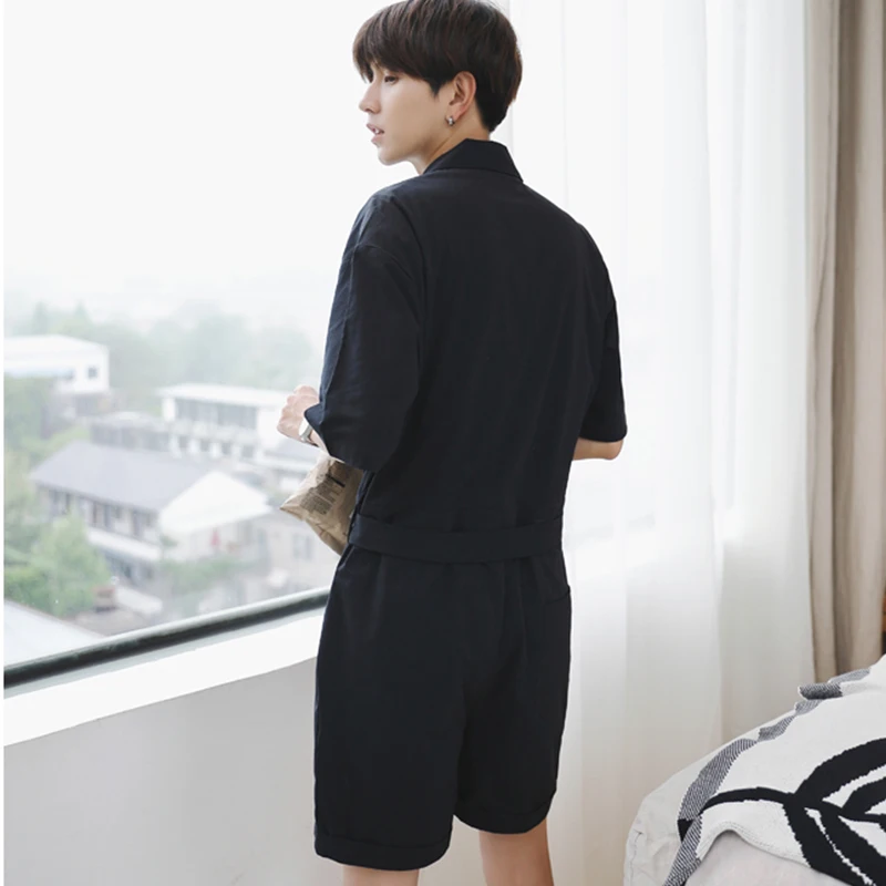 Cool Shirt Youth trendy men's summer one piece pants dress Korean casual straight tube short sleeve thin style retro solid summe