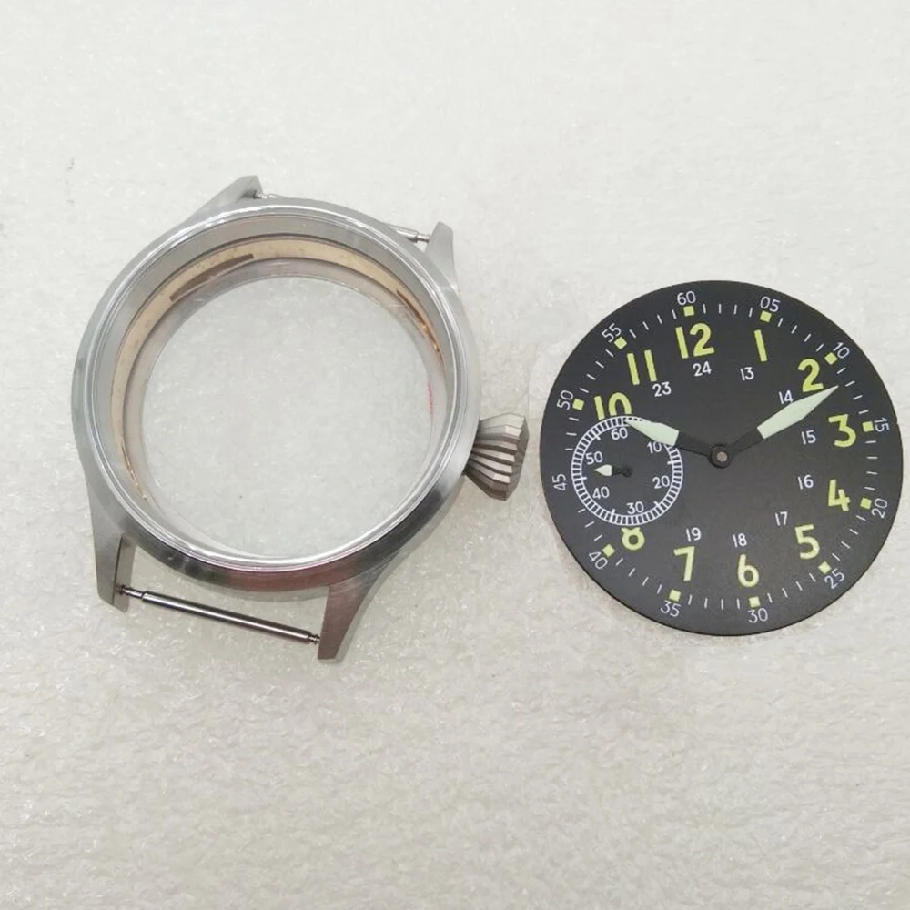 43mm mężczyzna szczotkowane szafirowy zegarek Case + tarcza ręce świecenia twarzy opakowanie ze stali nierdzewnej Fit ETA 6497 st3600 ruch