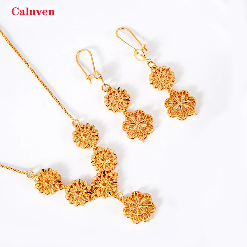 Ethiopian Dubai Jewelry Sets for Women 18k Gold Plated Copper African Necklace Earrings Sets Arab Wedding Bridal Dowry Jewelry