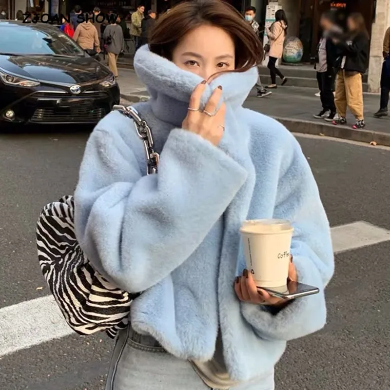 Winter Turn down Collar Lapel Hairy Shaggy Soft Faux Fur Coat Green Women Long Sleeve Furry Fur Warm Jacket Short Outerwear