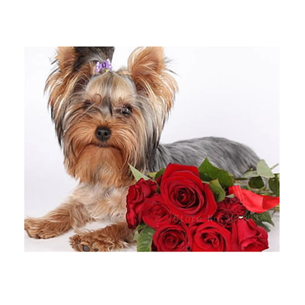 

Diamond Mosaic Diy 5D Diamond Embroidery Puppy Loves Red Roses 3D Diamond Painting Cross Stitch Floral Rhinestone Decoration Kit